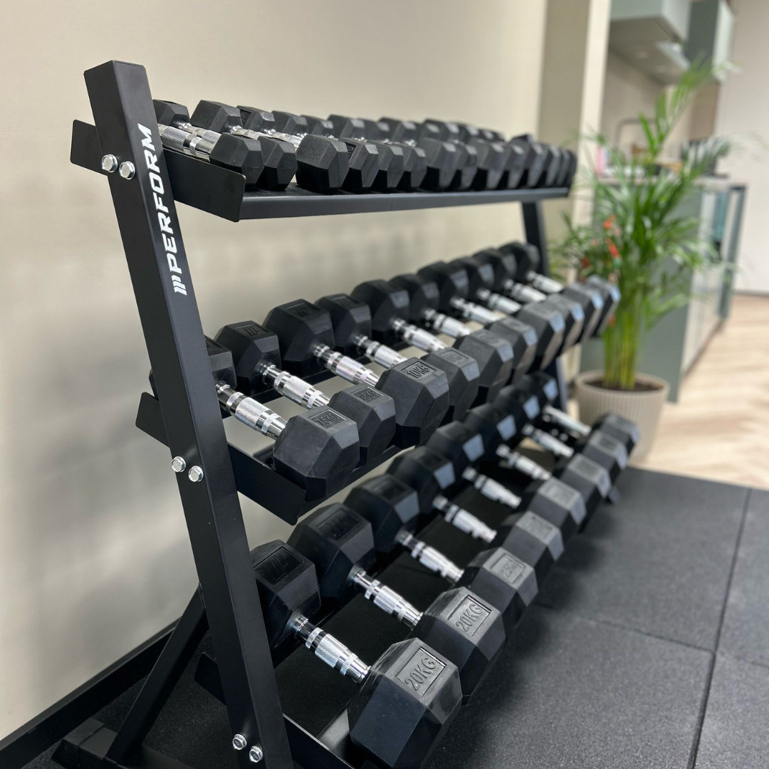 Premium Hexagon dumbbells | 2,5 t/m 30kg set inclusief opslagrack + Adjustable bench pro