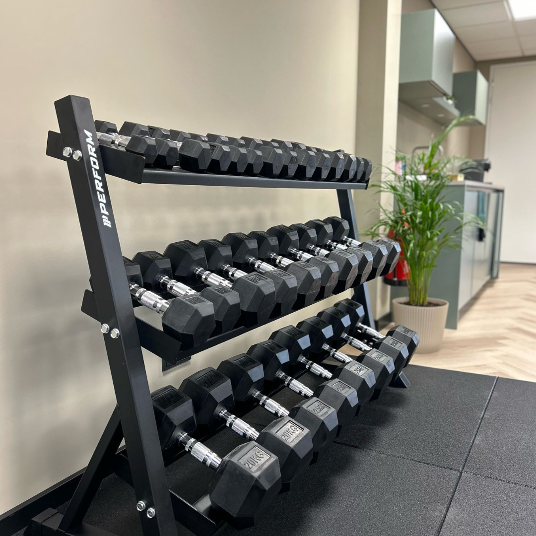 Premium Hexagon dumbbells | 2,5 t/m 30kg set inclusief opslagrack + Adjustable bench pro