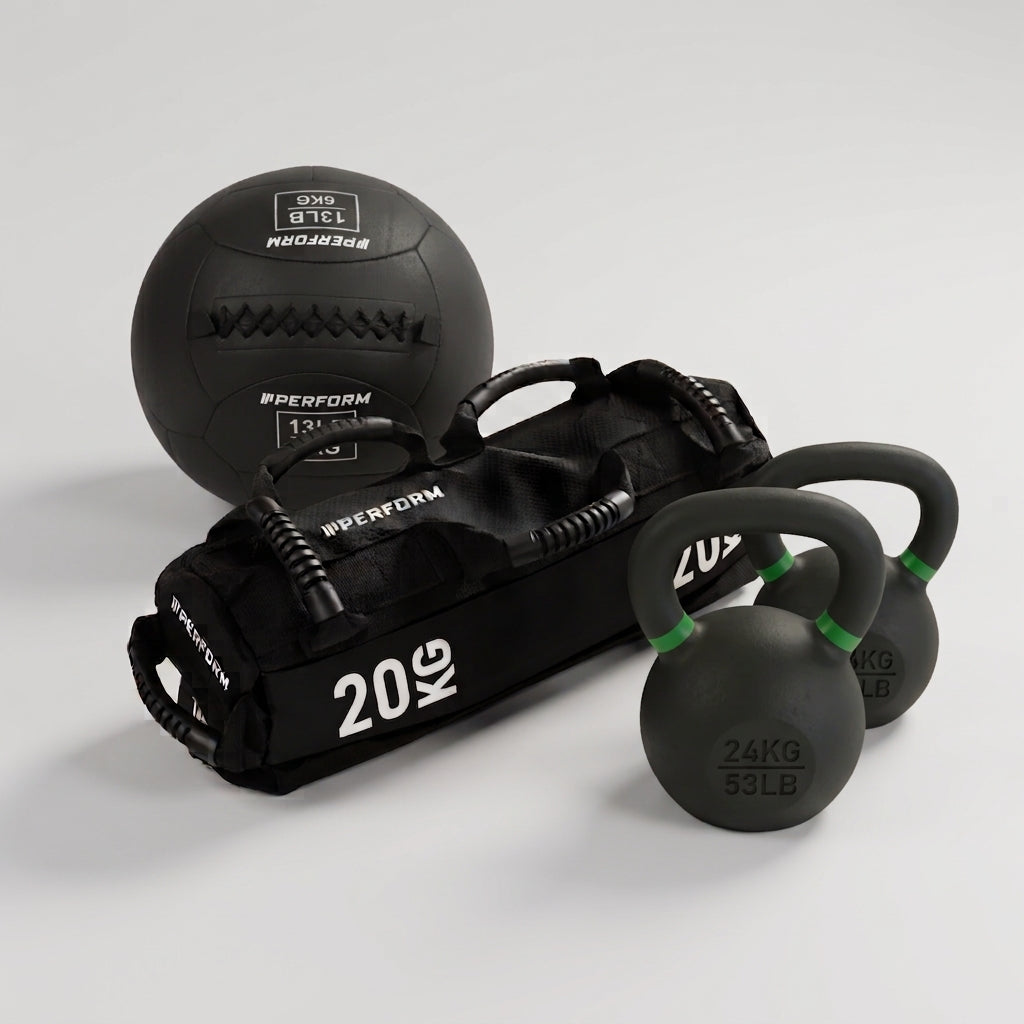 Race Set Basis Men Open & Women Pro | 2x Kettlebell 24 kg, Wall Ball 6 kg & Sandbag 20 kg | Perform Fitness