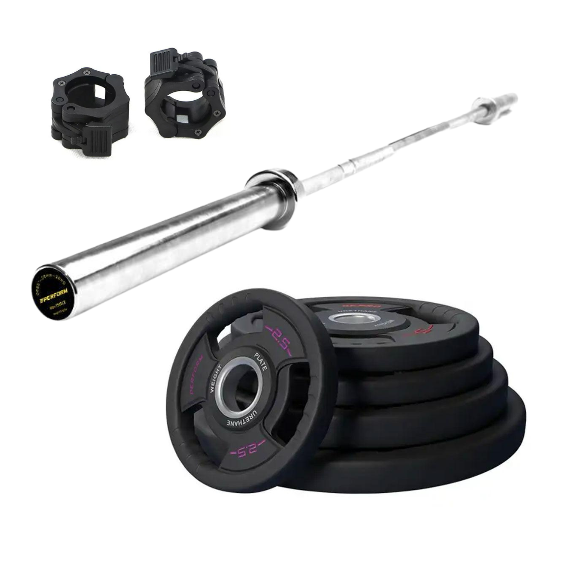 Halterstang met olympische PU halterschijven | set 157,5kg