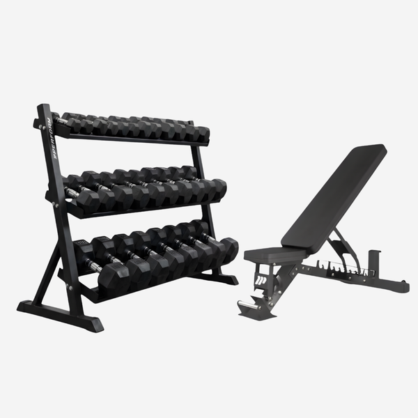 Perform | Premium Hexagon Dumbbells Set 2,5–30 kg met Opslagrack en Adjustable Bench