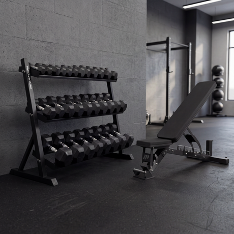 Perform | Premium Hexagon Dumbbells Set 2,5–30 kg met Opslagrack en Adjustable Bench