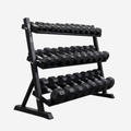 Hexagon dumbbell set op het 3-tier opslagrack