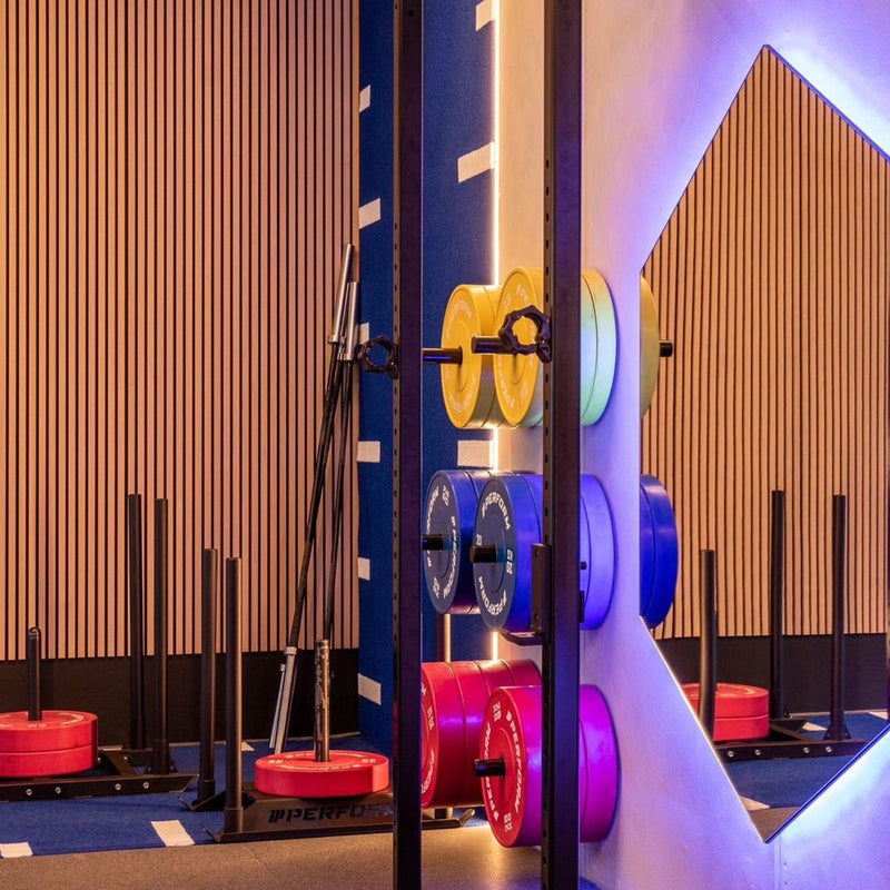 Gekleurde halterschijven aan de wand in een ingerichte gym
